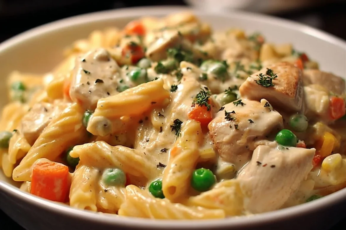 Classic Chicken Pot Pie Pasta dish served in a bowl with creamy sauce and vegetables