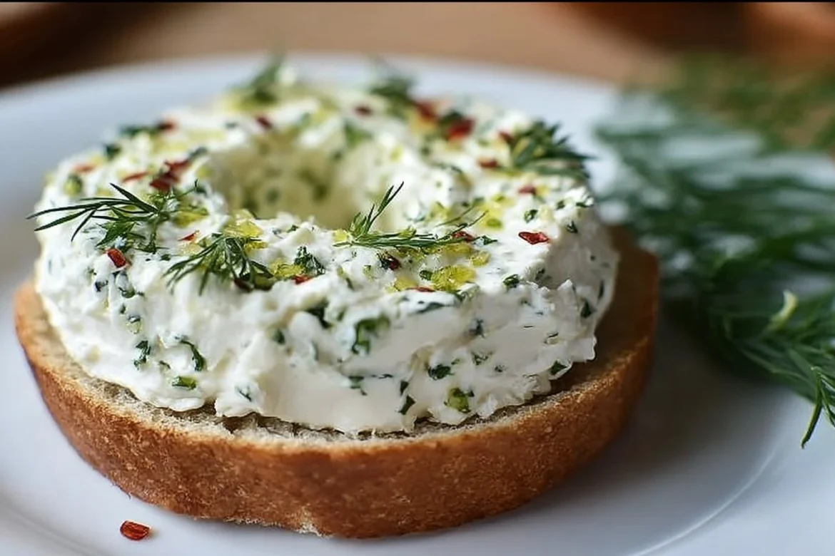 Classic dill pickle cream cheese spread on a bagel