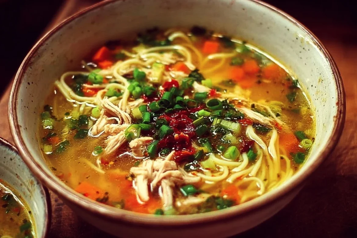 Bowl of Classic Ginger Garlic Chicken Noodle Soup garnished with herbs