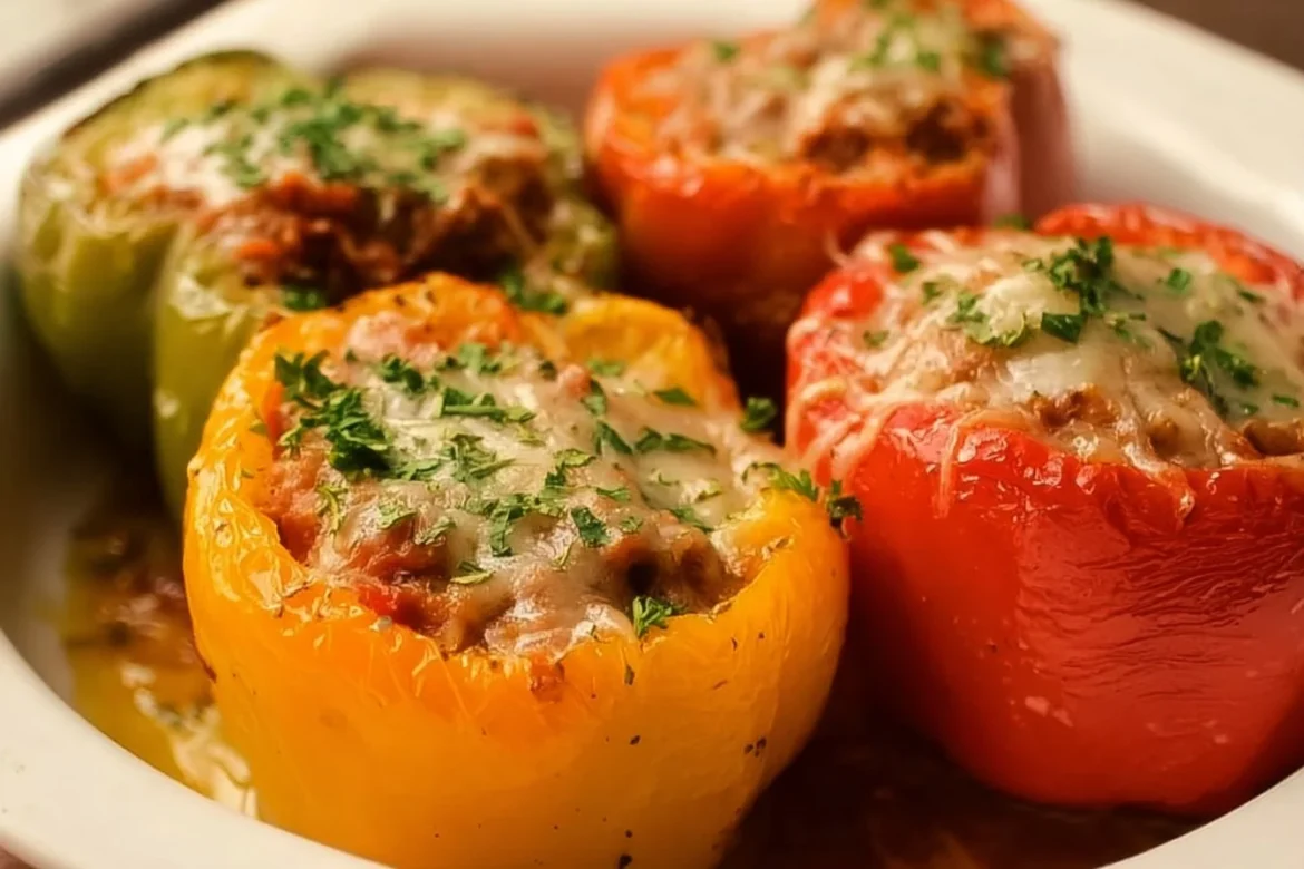 Delicious classic stuffed peppers filled with rice, meat, and vegetables