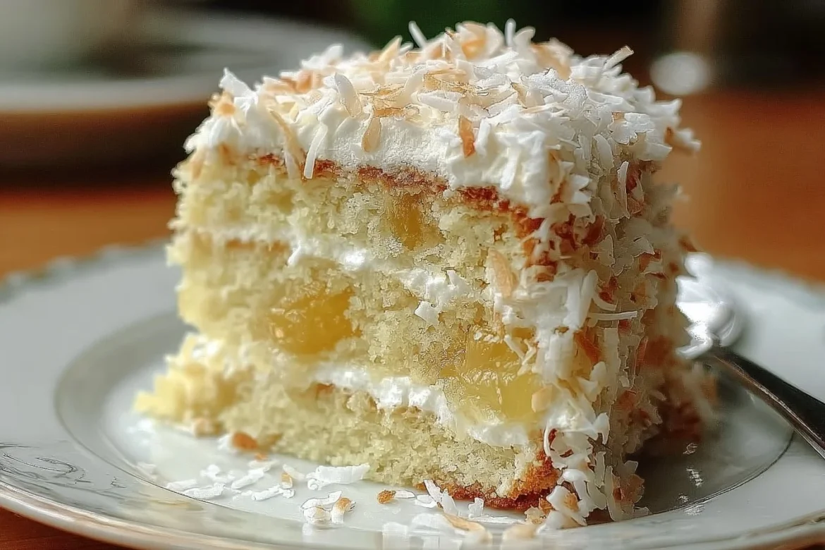 Delicious Coconut Cake with Pineapple Filling, beautifully decorated and ready to enjoy.