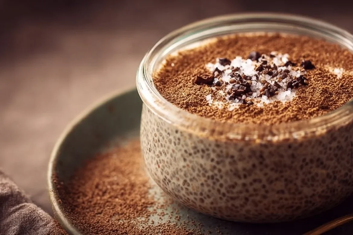 Delicious Coffee Chia Seed Pudding topped with coffee beans and chia seeds.