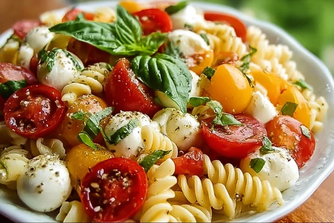 Colorful Caprese Pasta Salad with fresh tomatoes, mozzarella, and basil.