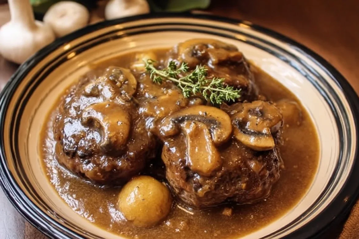 Crockpot Salisbury steak served with mushroom gravy and fresh herbs