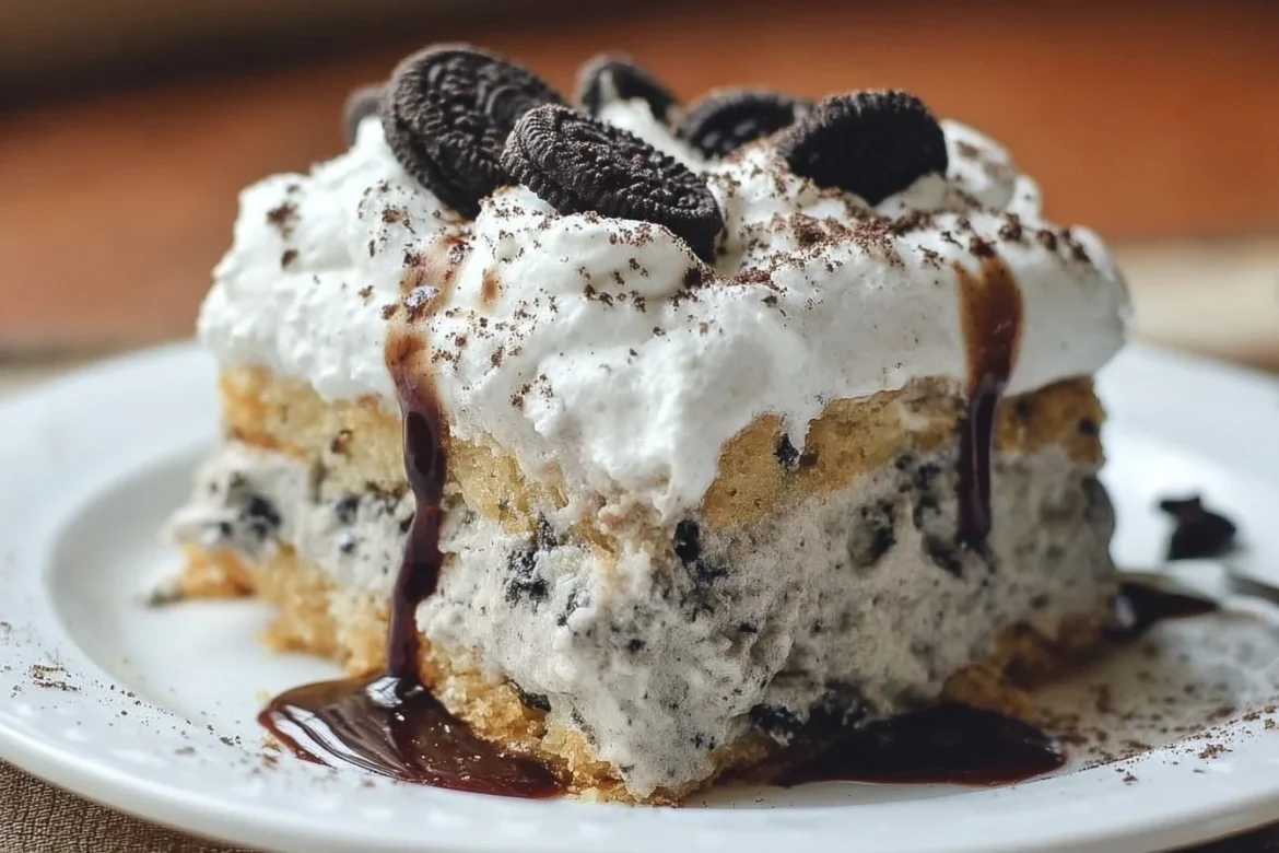 Delicious Cookies & Cream Tres Leches Cake topped with creamy frosting and chocolate crumbles