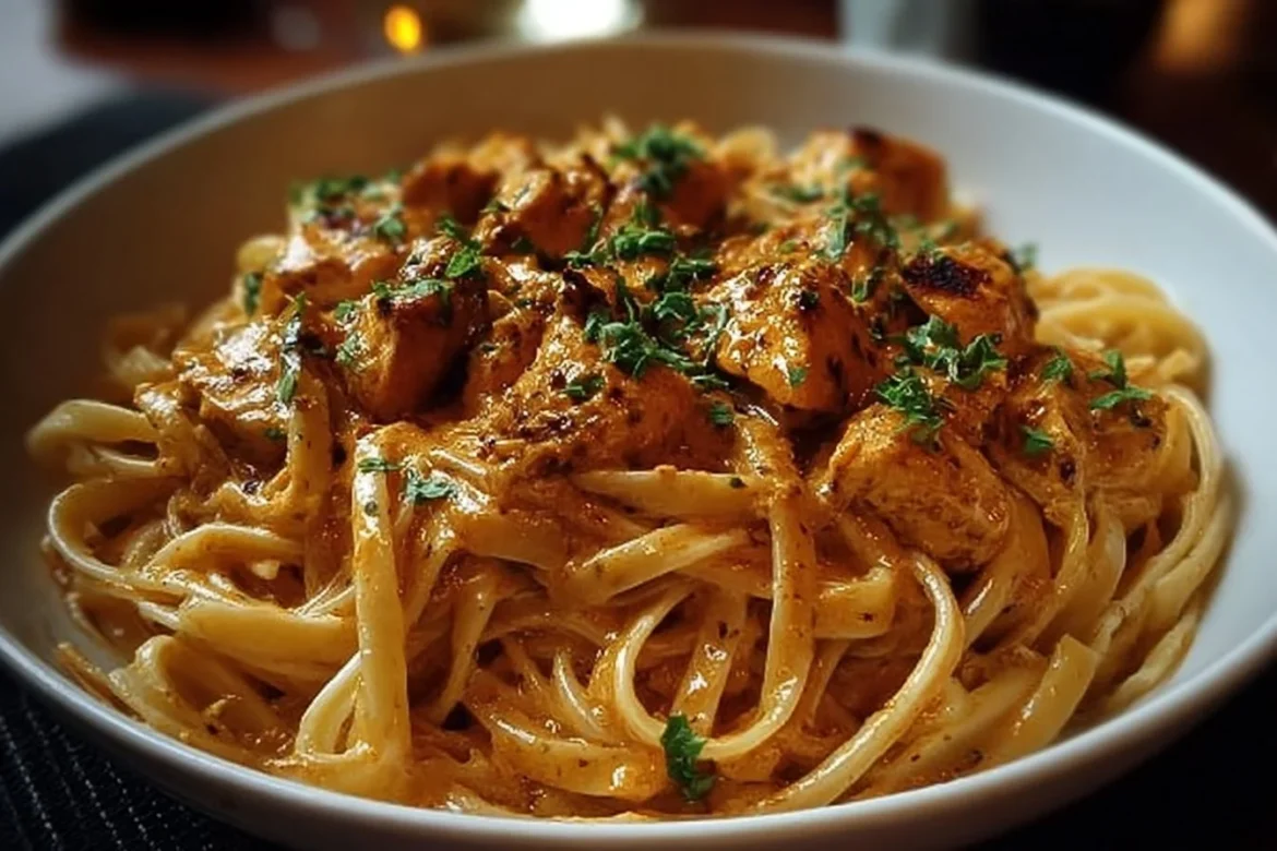 Delicious Cowboy Butter Chicken Linguine served in a bowl with fresh herbs.