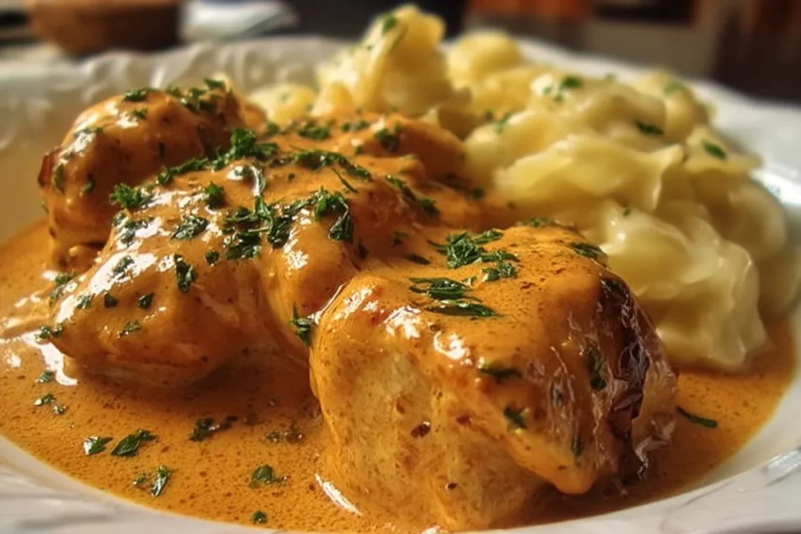 Bowl of Hungarian Chicken Paprikash served with rich paprika sauce and noodles