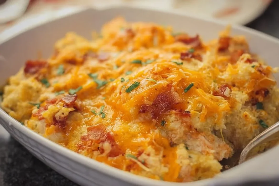 Delicious Crack Chicken Casserole topped with melted cheese and bacon