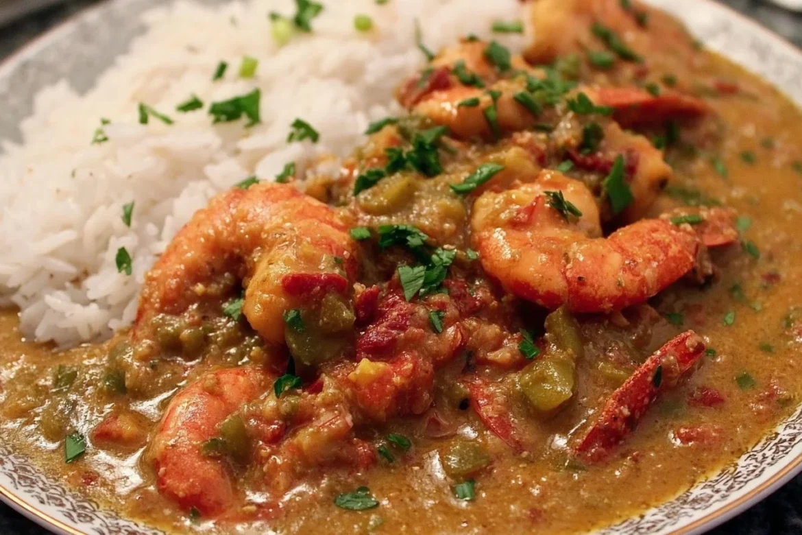 Delicious bowl of Crawfish Etouffee garnished with parsley and served with rice