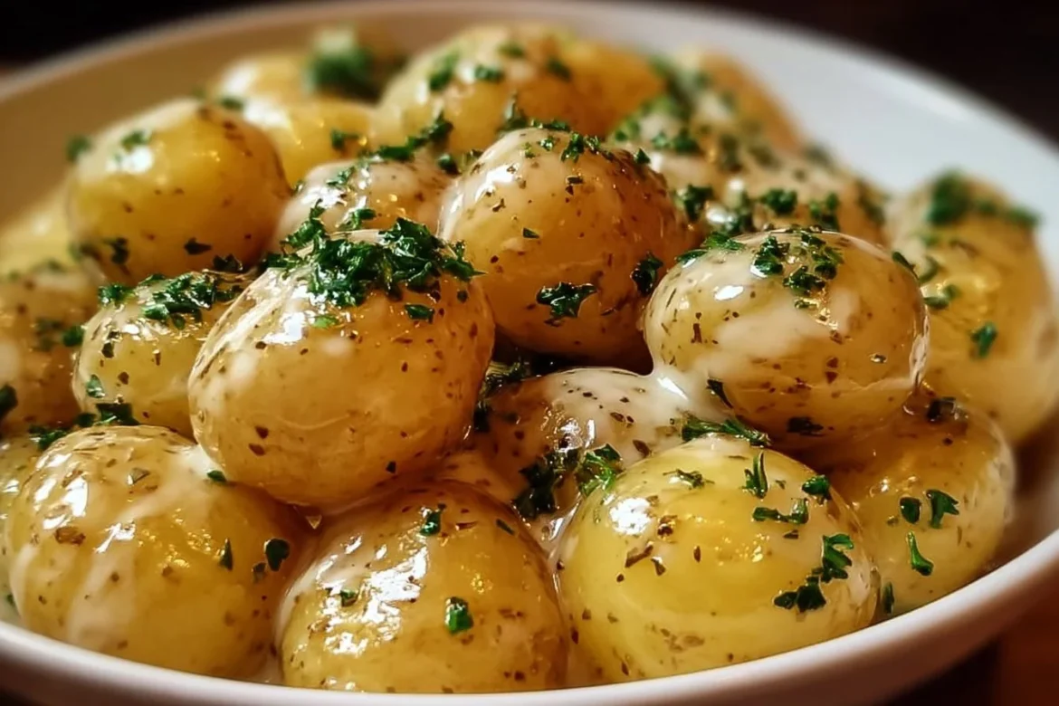 Creamy garlic baby potatoes served as a tasty side dish