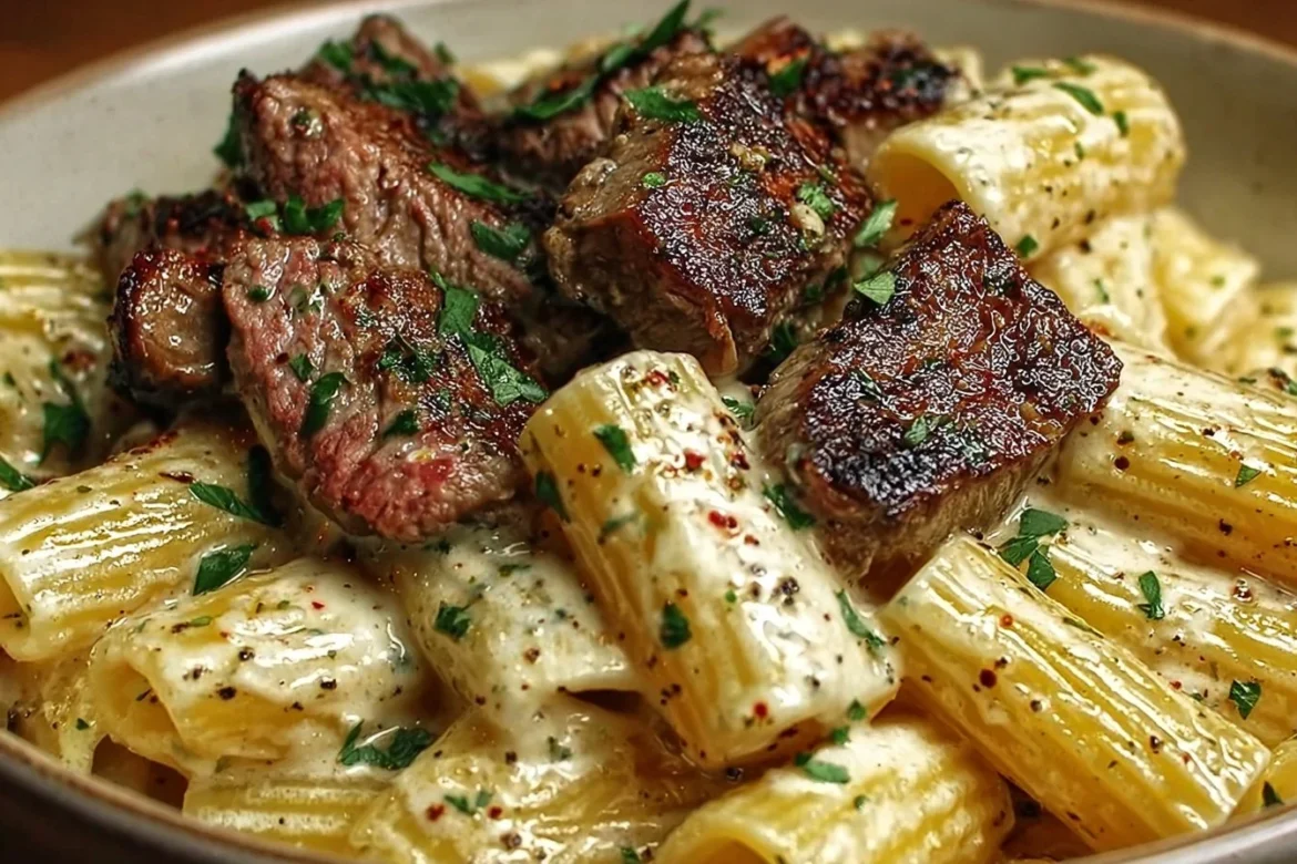 Creamy garlic butter steak rigatoni topped with fresh herbs