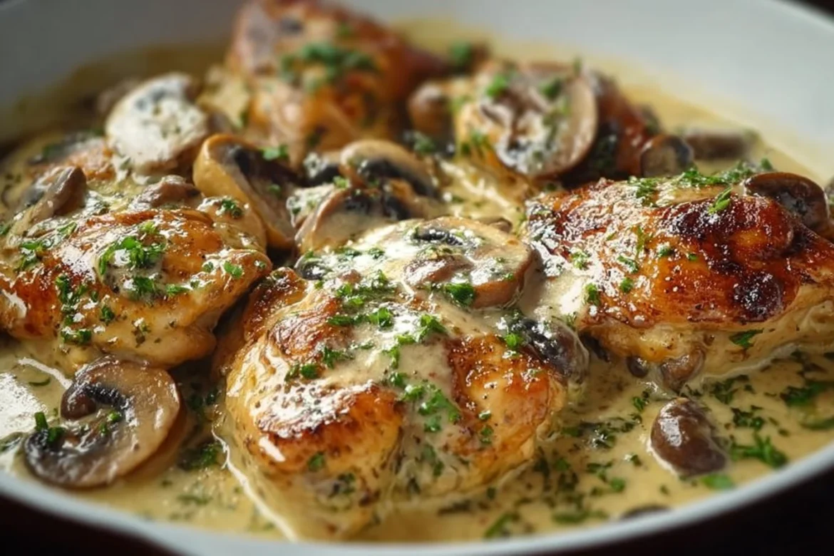 Creamy garlic mushroom chicken thighs served with fresh herbs