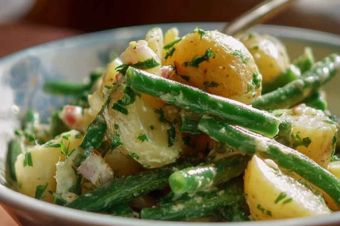 Creamy green bean potato salad with fresh ingredients in a bowl