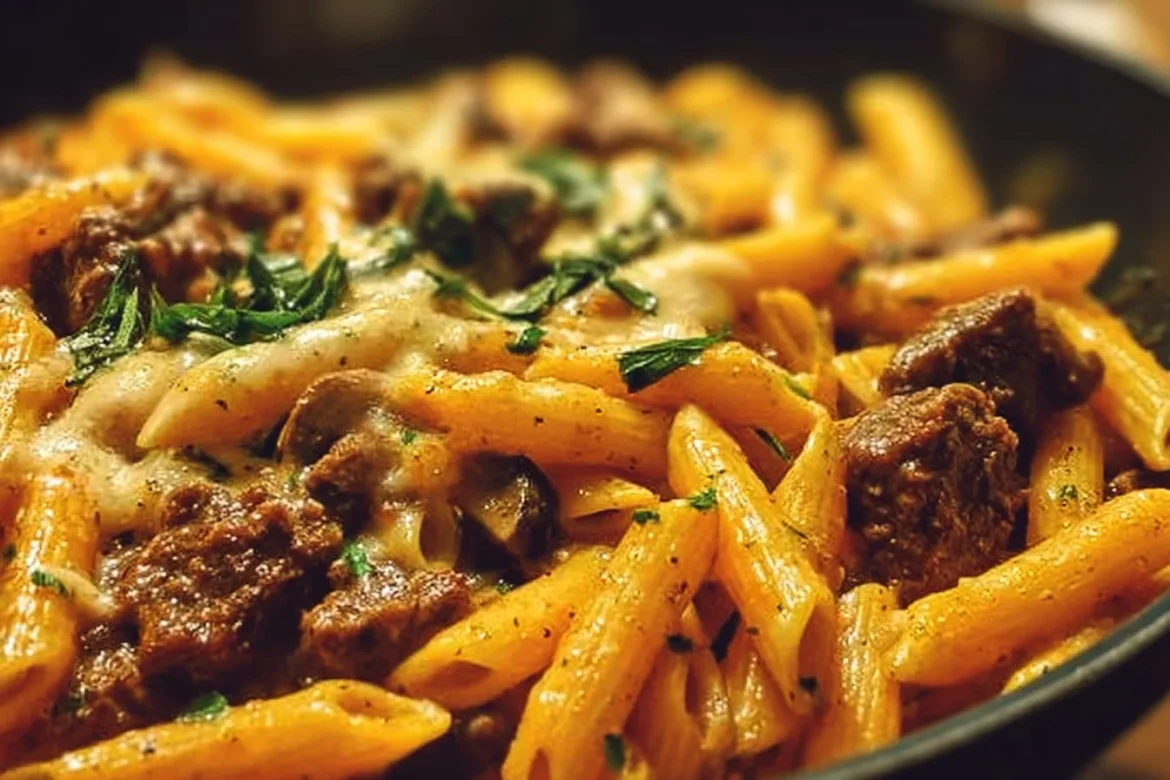 Creamy high protein beef pasta dish garnished with herbs