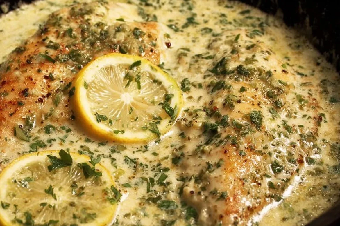 Creamy lemon garlic herb tilapia plated with lemon slices and herbs