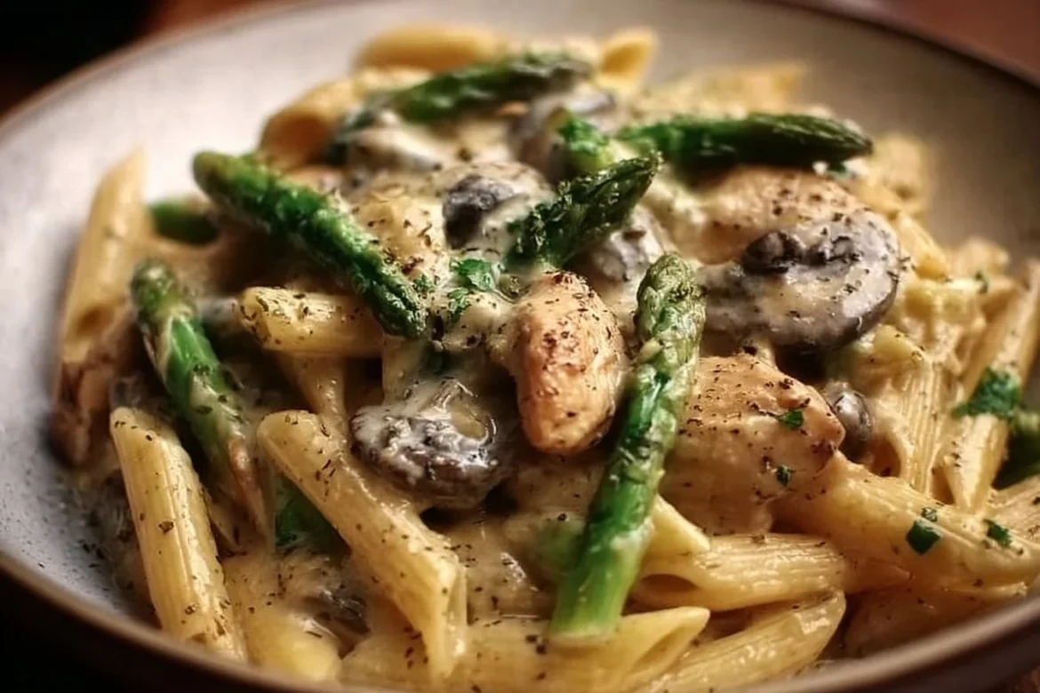 Creamy mushroom asparagus chicken penne pasta dish on a white plate