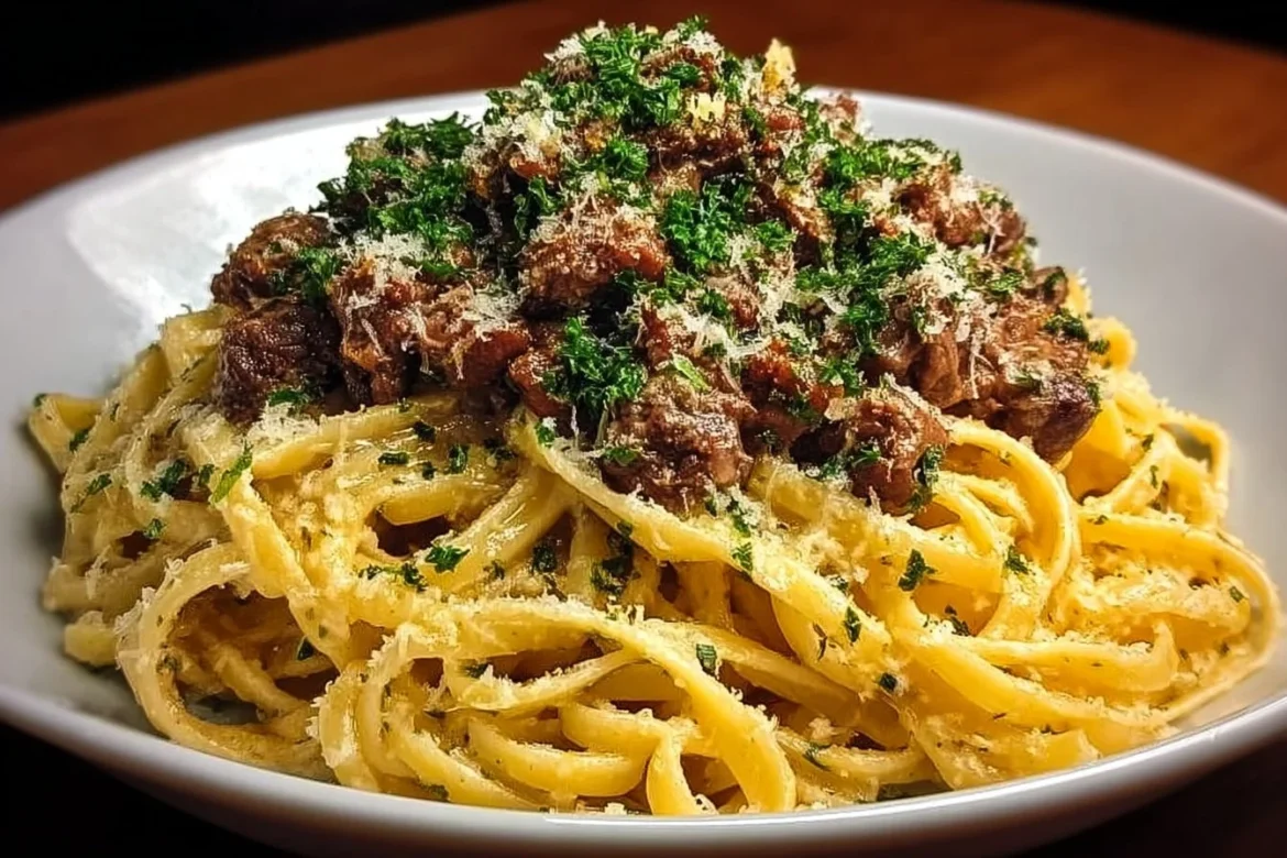 Creamy Parmesan Beef Linguine in garlic butter sauce garnished with parsley