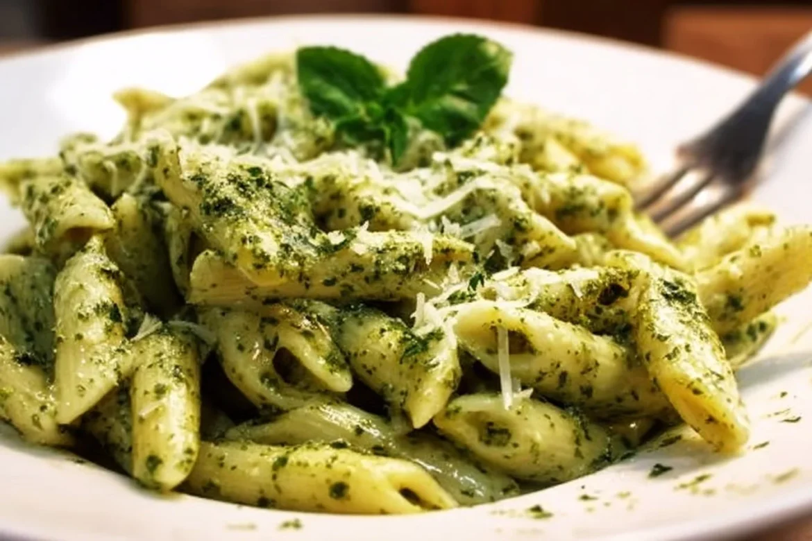 Creamy pesto pasta served in a bowl with fresh basil leaves.
