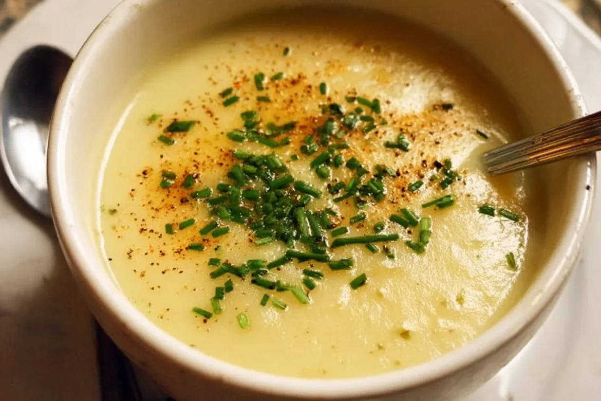 Bowl of creamy potato leek soup garnished with fresh herbs
