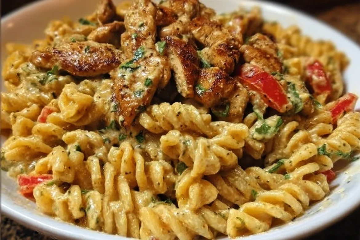 Plate of creamy Rasta Pasta topped with jerk chicken and colorful veggies.
