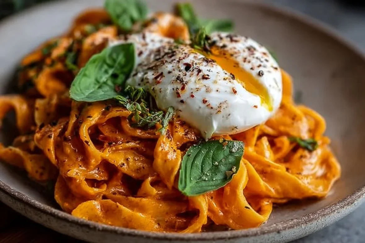 Creamy red pepper pasta dish garnished with burrata and herbs.