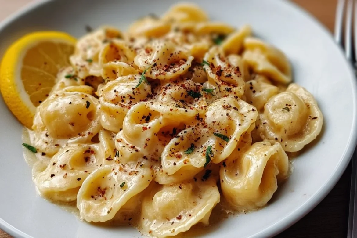 Creamy roast garlic and lemon pasta sauce served over pasta in a bowl.