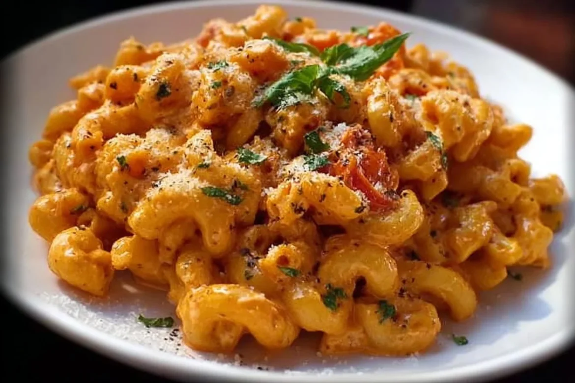 Creamy roasted tomato pasta served in a bowl with fresh basil