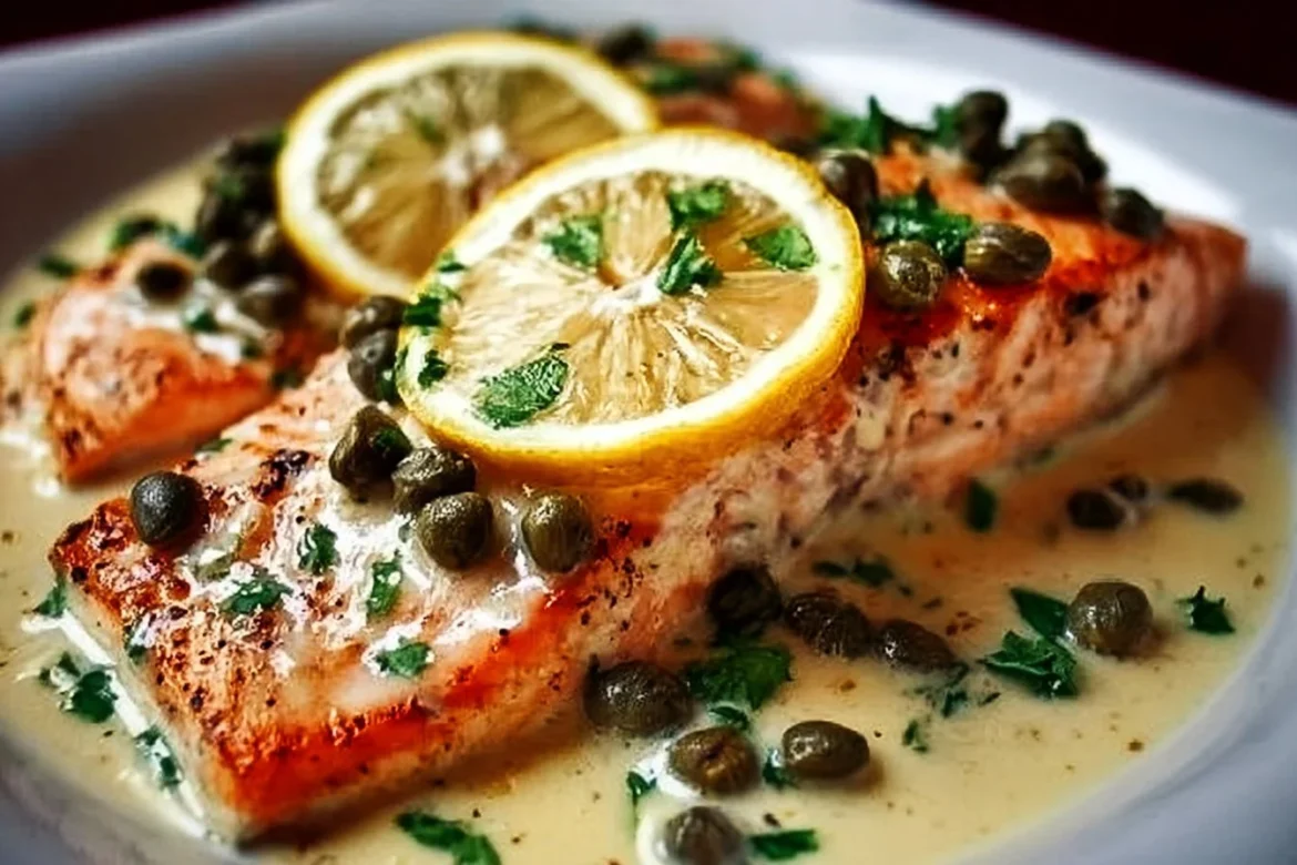 Creamy salmon piccata dish with lemon and capers on a plate