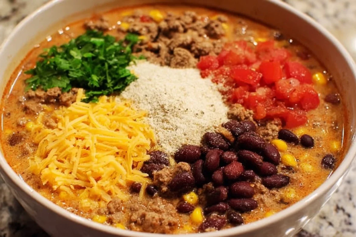 Delicious creamy taco soup in a bowl, garnished with cheese and cilantro