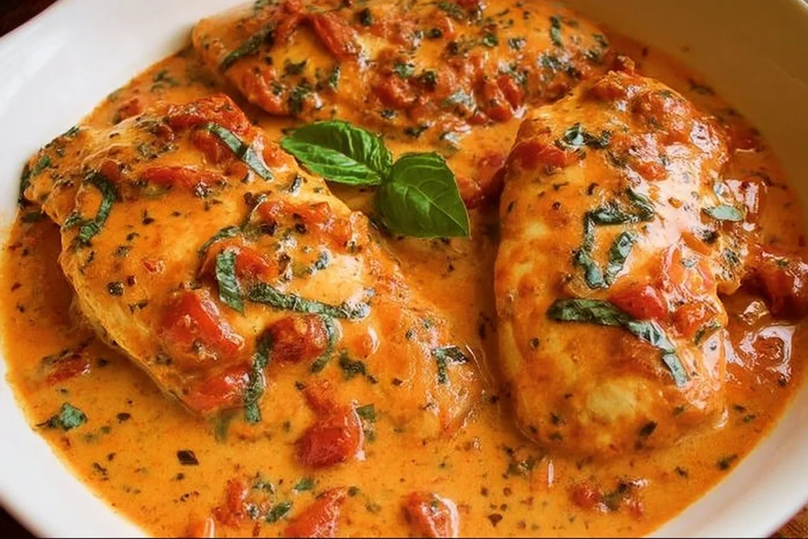 Creamy tomato basil chicken breasts served on a plate with fresh herbs