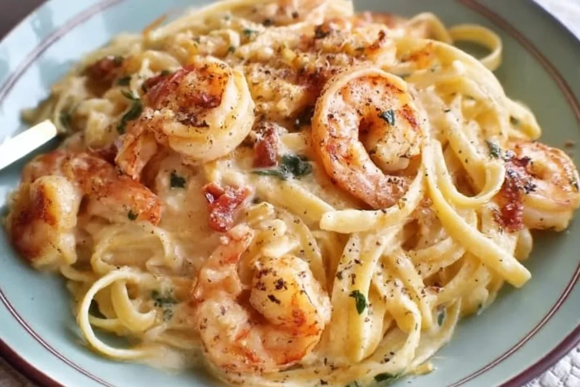 Creamy Tuscan shrimp linguine served with fresh herbs