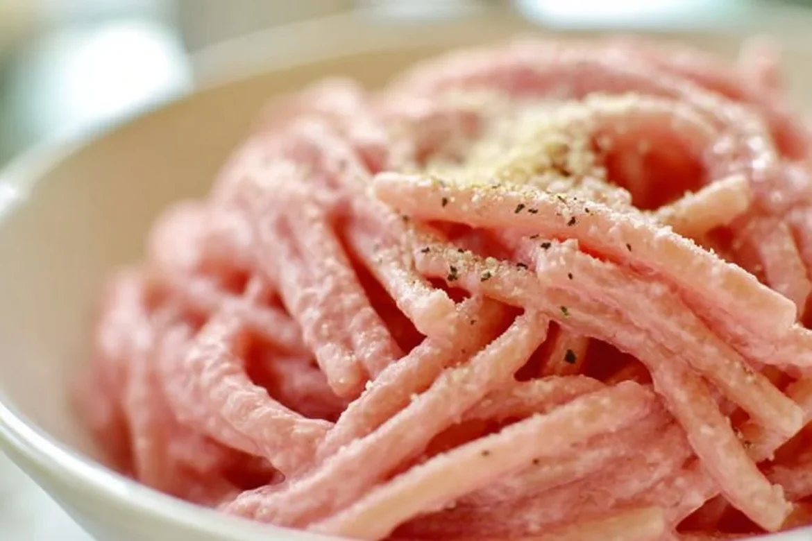 Creamy vegan pink pasta with fresh herbs and vibrant colors.