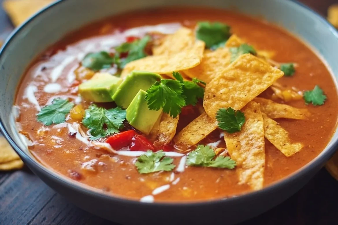 Bowl of creamy vegetarian tortilla soup garnished with crispy tortilla strips and cilantro.