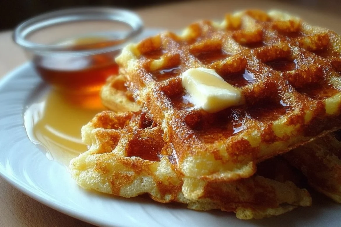 Crispy buttermilk Belgian waffles served with syrup and fresh berries