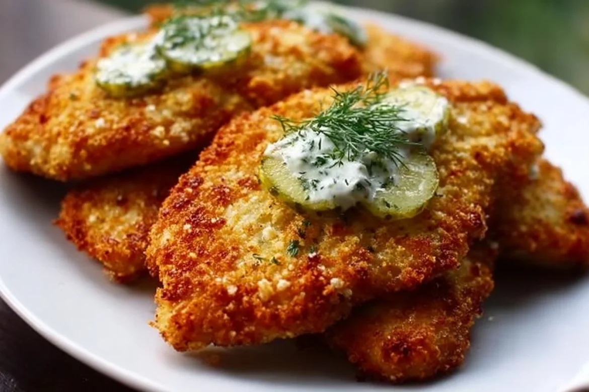 Crispy dill pickle parmesan chicken served on a plate.