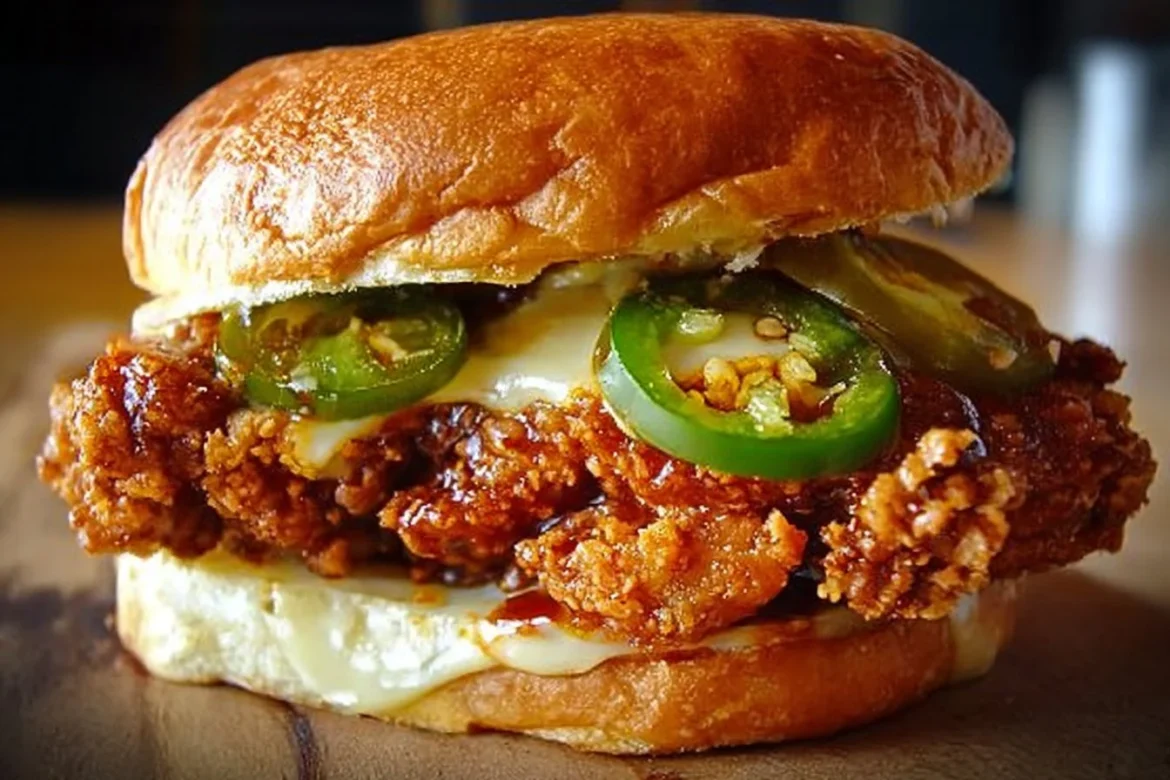Crispy fried chicken sandwich with jalapeno honey glaze on a plate