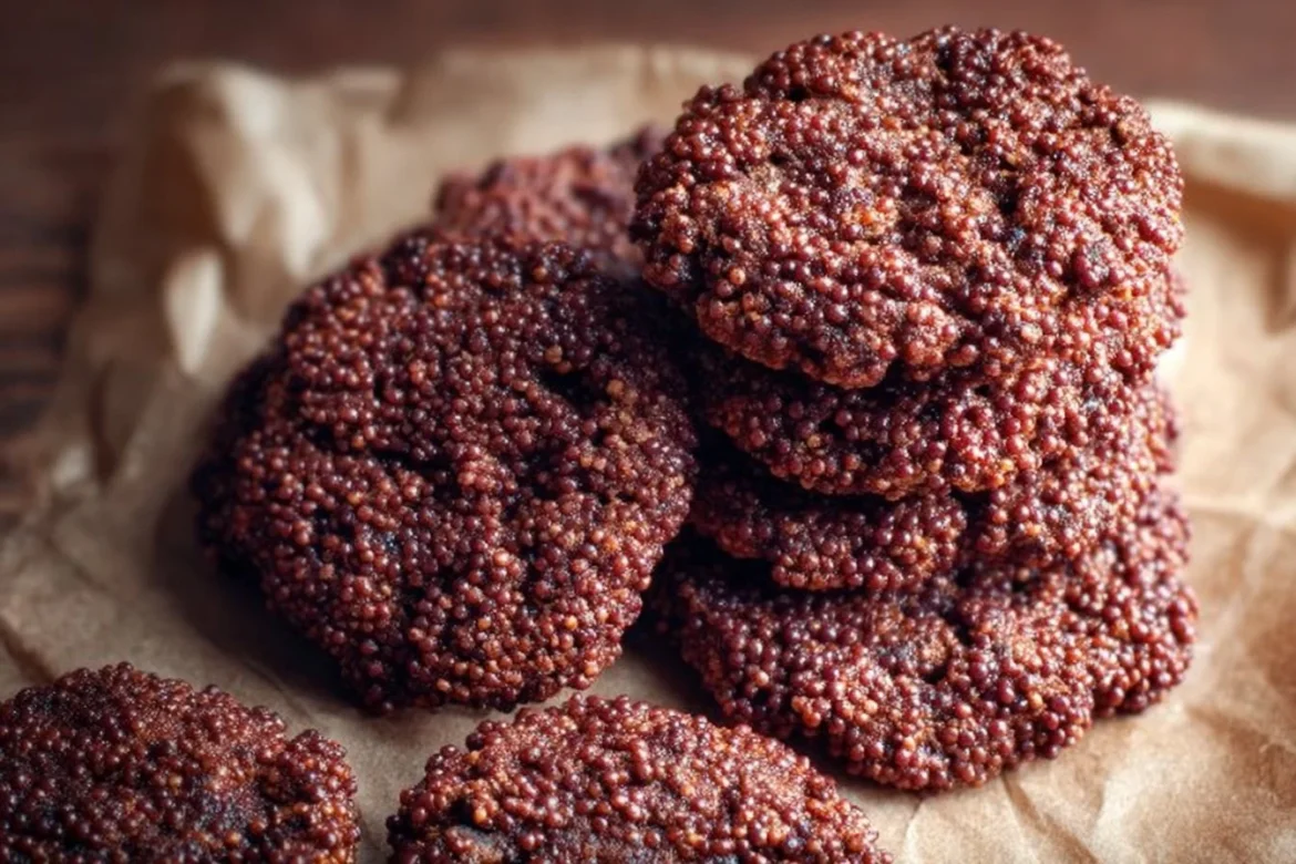 Crispy quinoa cacao cookies on a plate, showcasing their texture and chocolate pieces
