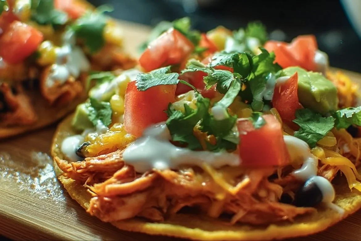Crispy Rotisserie Chicken Tostadas topped with fresh ingredients and served on a plate.