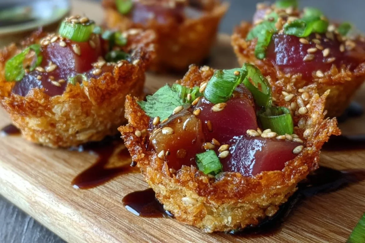 Crispy Spicy Tuna Sushi Cups topped with fresh ingredients and served in a cup.