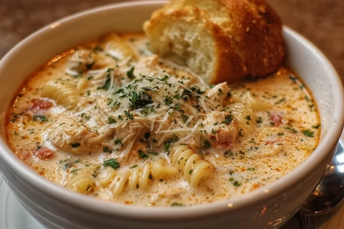 Crock Pot Creamy Chicken Parmesan Soup in a bowl topped with herbs