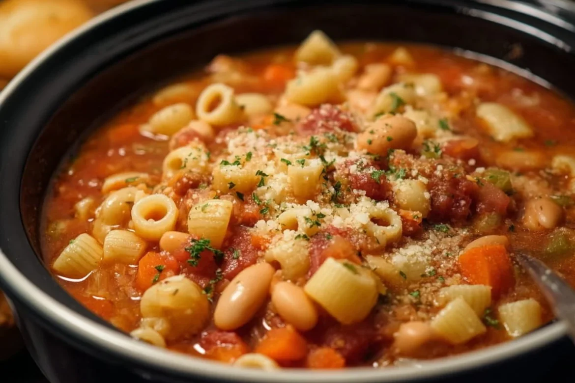 Crock Pot Pasta and Beans dish served in a bowl