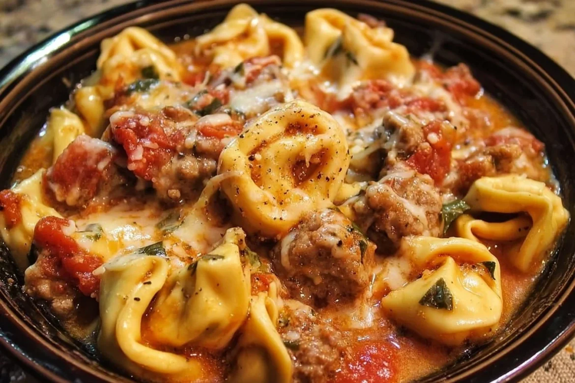 Crockpot cheese tortellini with sausage in a creamy sauce