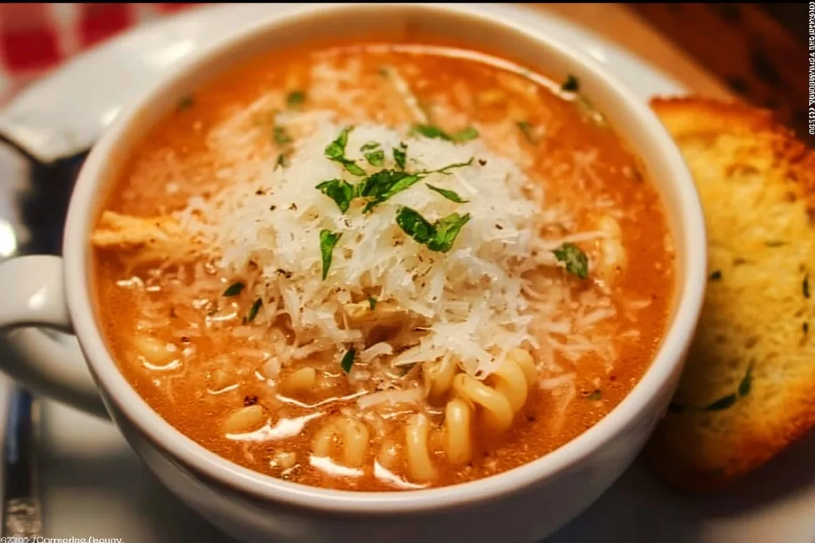 A bowl of Crockpot Chicken Parmesan Soup garnished with parsley and cheese.