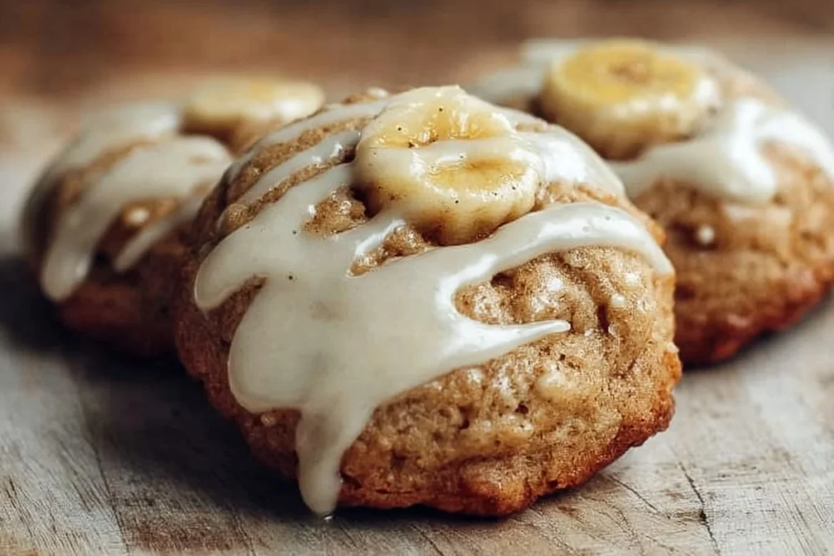 Crumbl banana bread cookies with cream cheese glaze on a plate