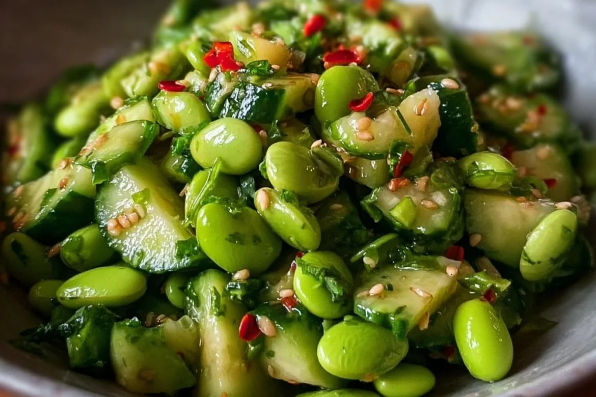 Delicious Cucumber Edamame Salad with fresh vegetables and dressing