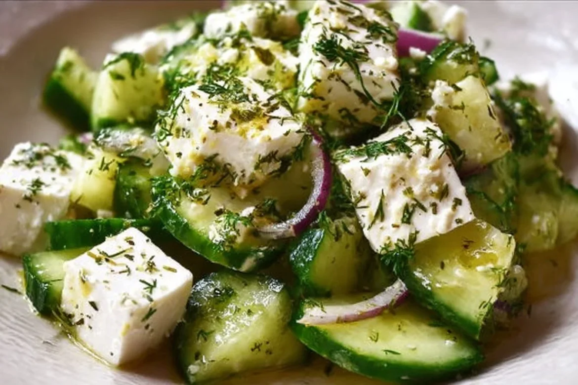 Cucumber Feta Salad with Lemon Greek Vinaigrette served in a bowl