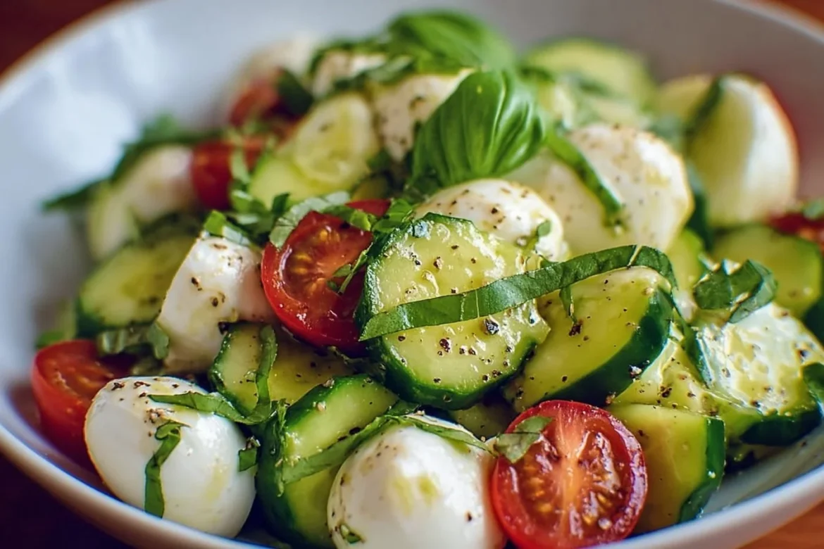 Delicious Cucumber Mozzarella Salad with fresh ingredients served in a bowl