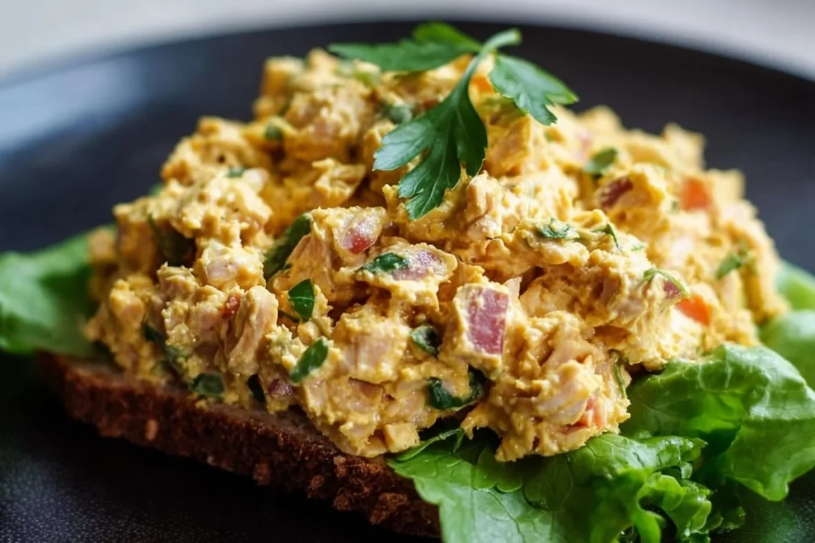 Curried Tuna Salad in a bowl garnished with herbs and served with crispy crackers