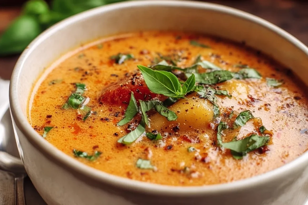 Dairy-free gnocchi soup with sun dried tomatoes in a bowl