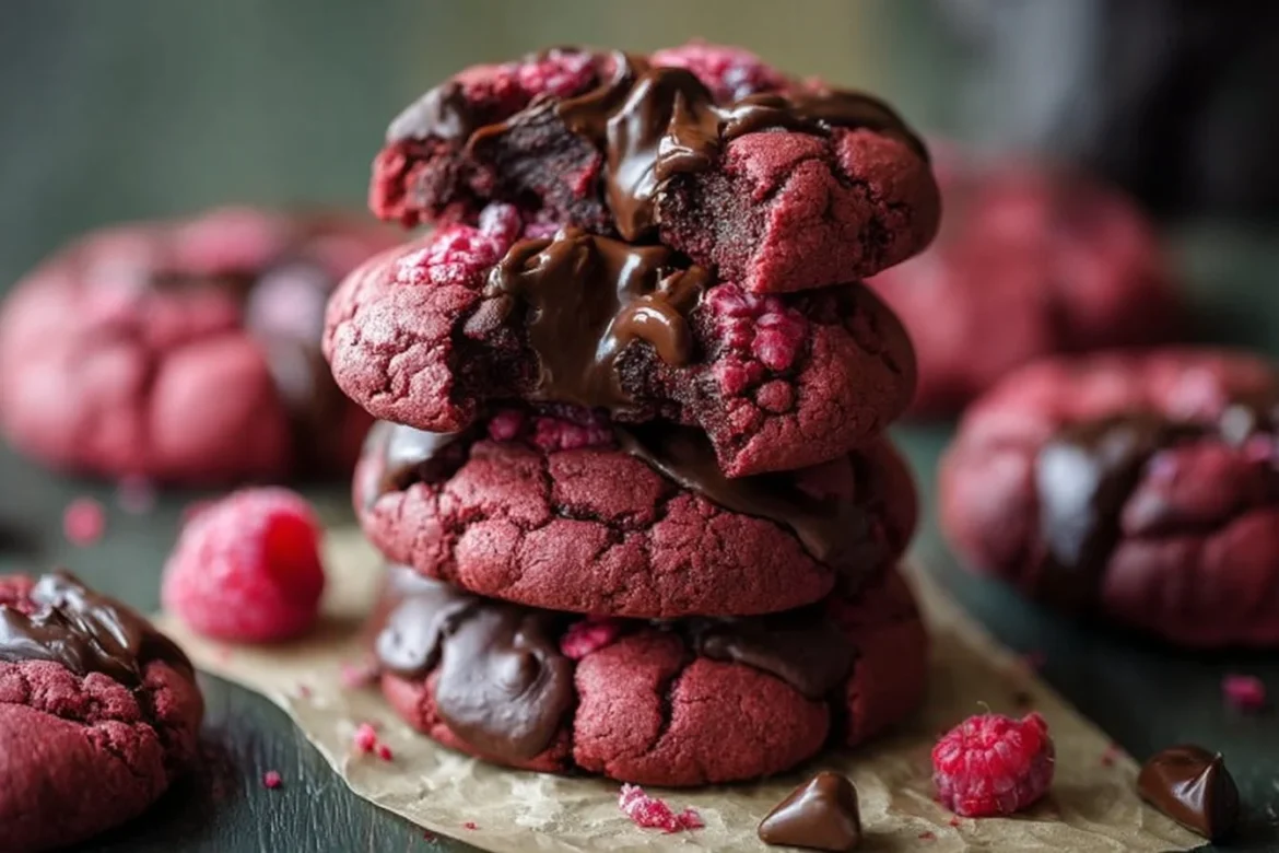 Dark chocolate raspberry cookies fresh out of the oven on a cooling rack